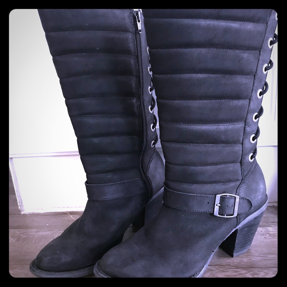 Black Lace Up Leather Knee Boots